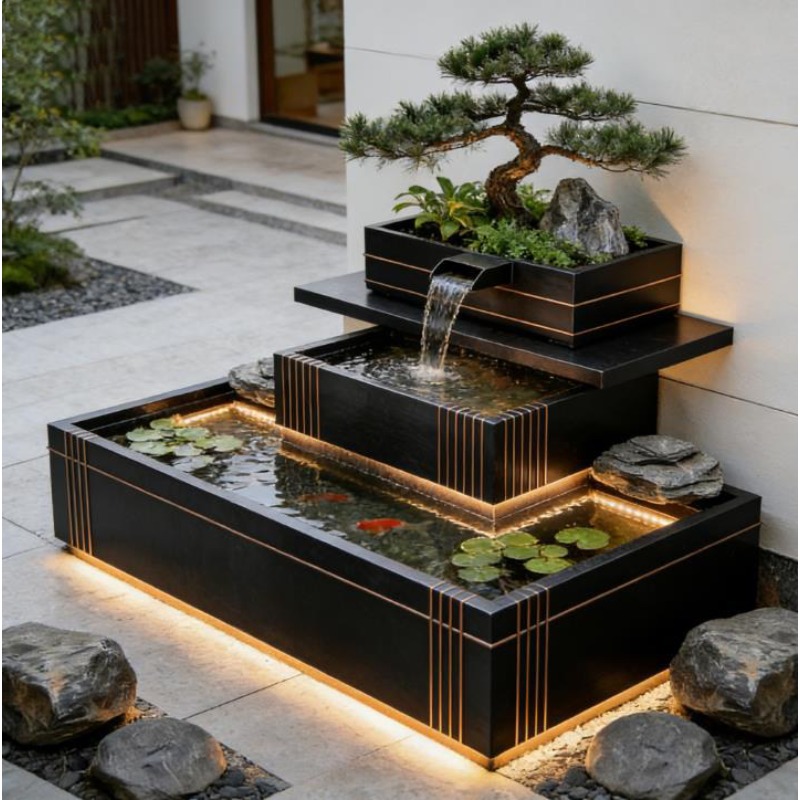 Stainless Steel Waterfall Feat - đánh giá và giá Bonsai Garden With Koi Pond